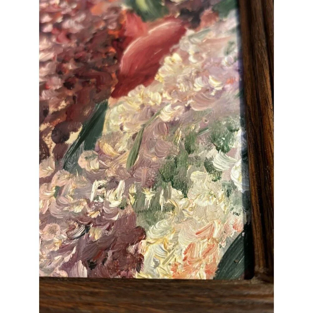 Vintage Oil on Board Mid Century BEAUTIFUL Floral Tulips Lilacs Wood Frame